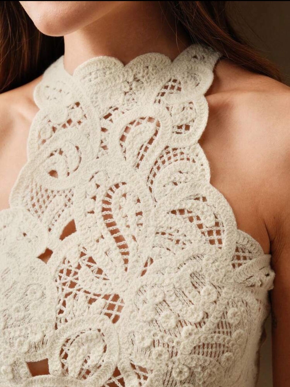 Scalloped Crochet Halter Camisole in Cream - Picture 2 of 9